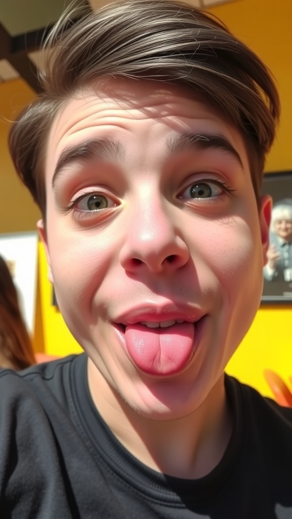 A person posing for a duck face selfie, smiling playfully with good lighting.